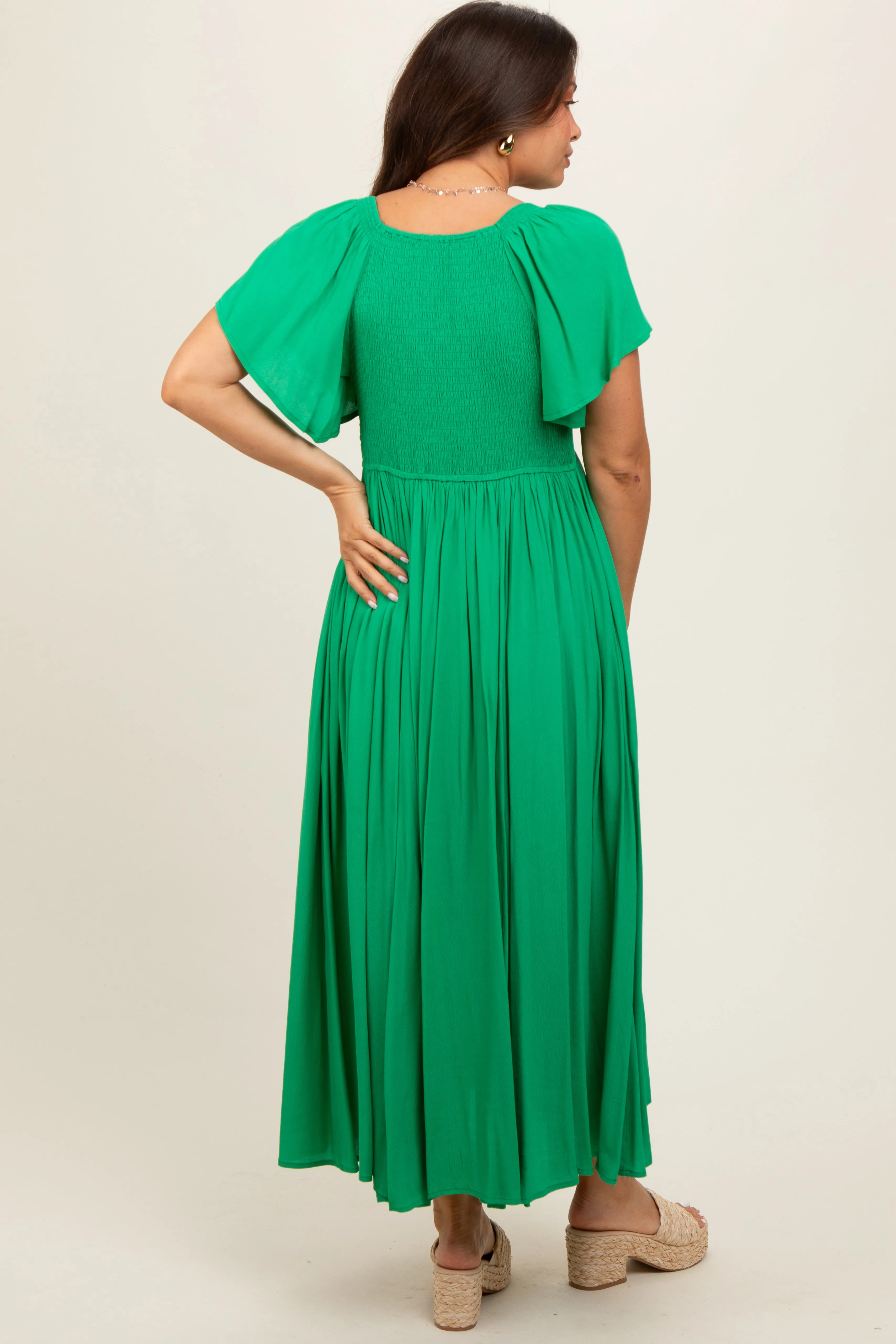 Green V-Neck Flutter Short Sleeve Maternity Midi Dress sold by Pinkblush product image thumbnail 5