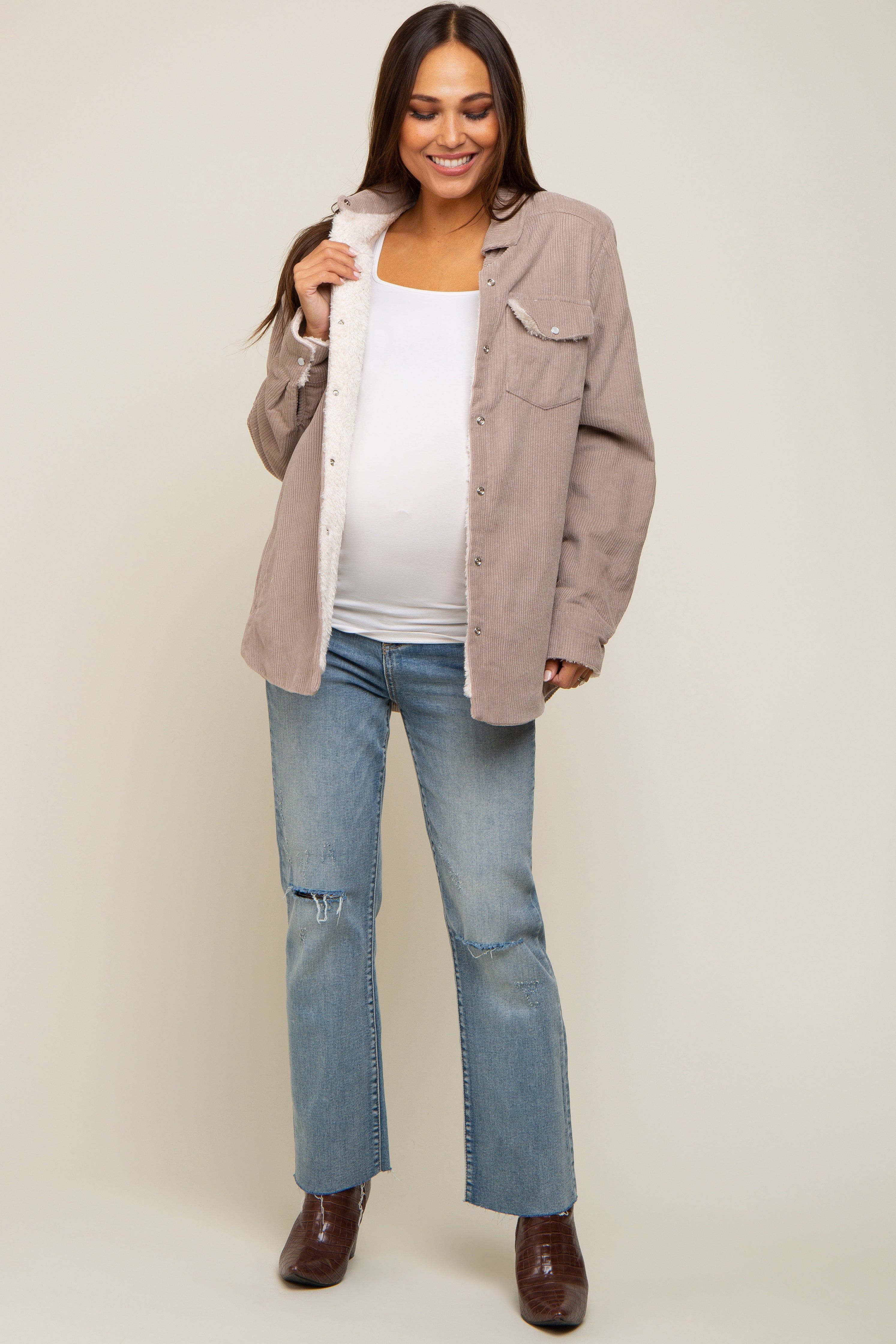 Taupe Corduroy Sherpa Lined Maternity Shacket sold by Pinkblush product image thumbnail 5
