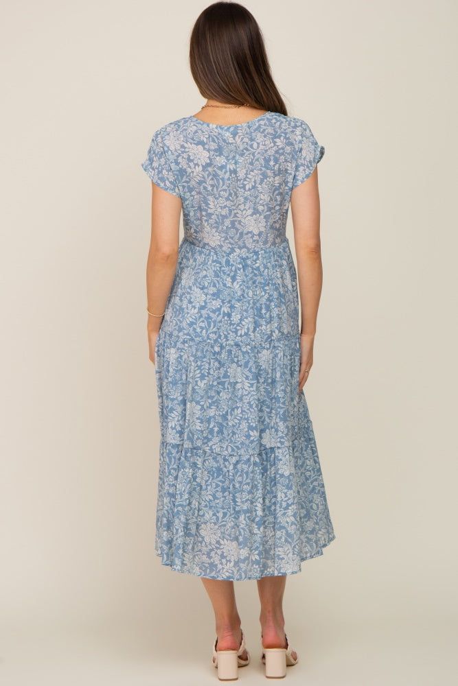 Blue Floral Tiered Button Down Maternity Midi Dress sold by Pinkblush product image thumbnail 3