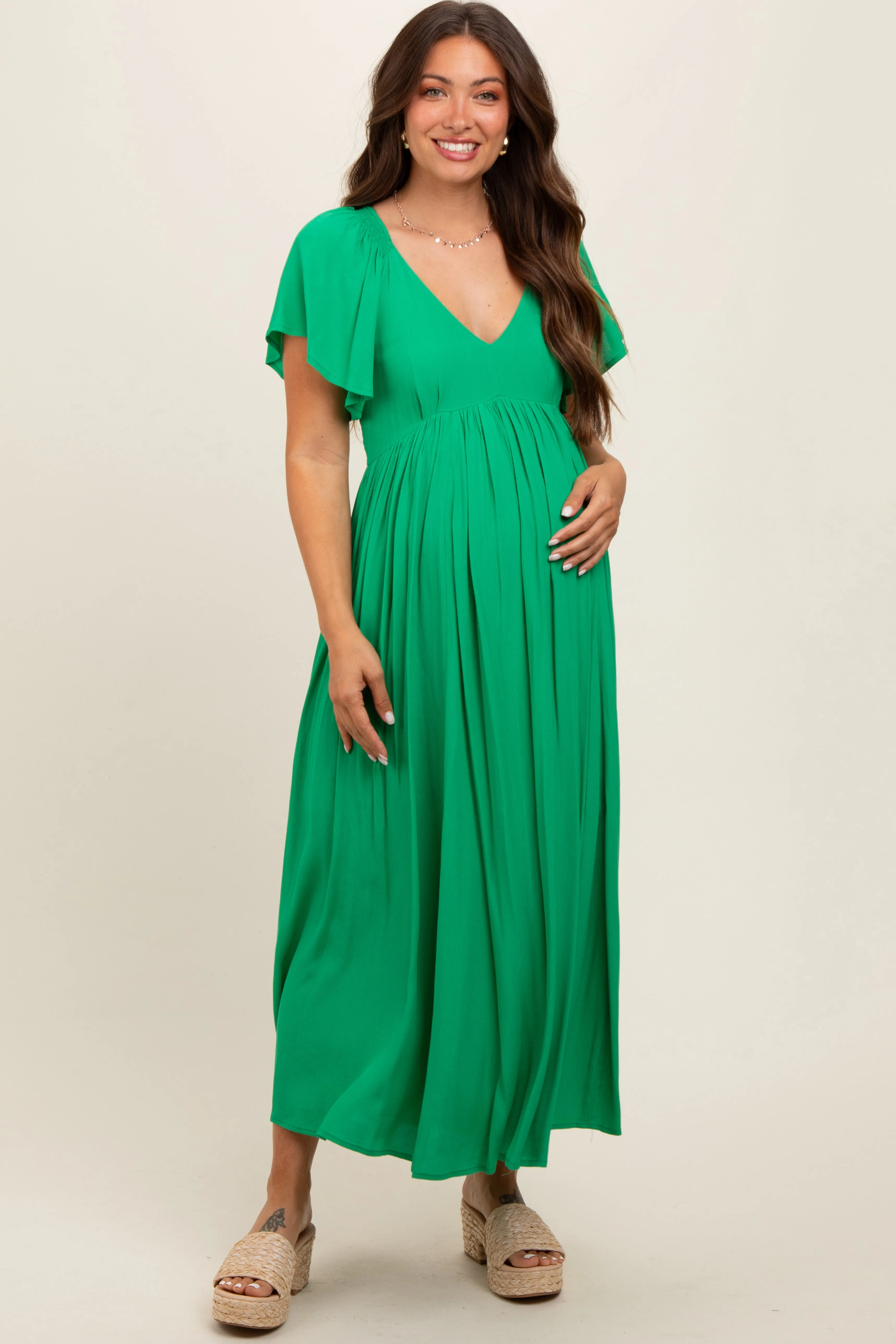 Green V-Neck Flutter Short Sleeve Maternity Midi Dress sold by Pinkblush product image thumbnail 2