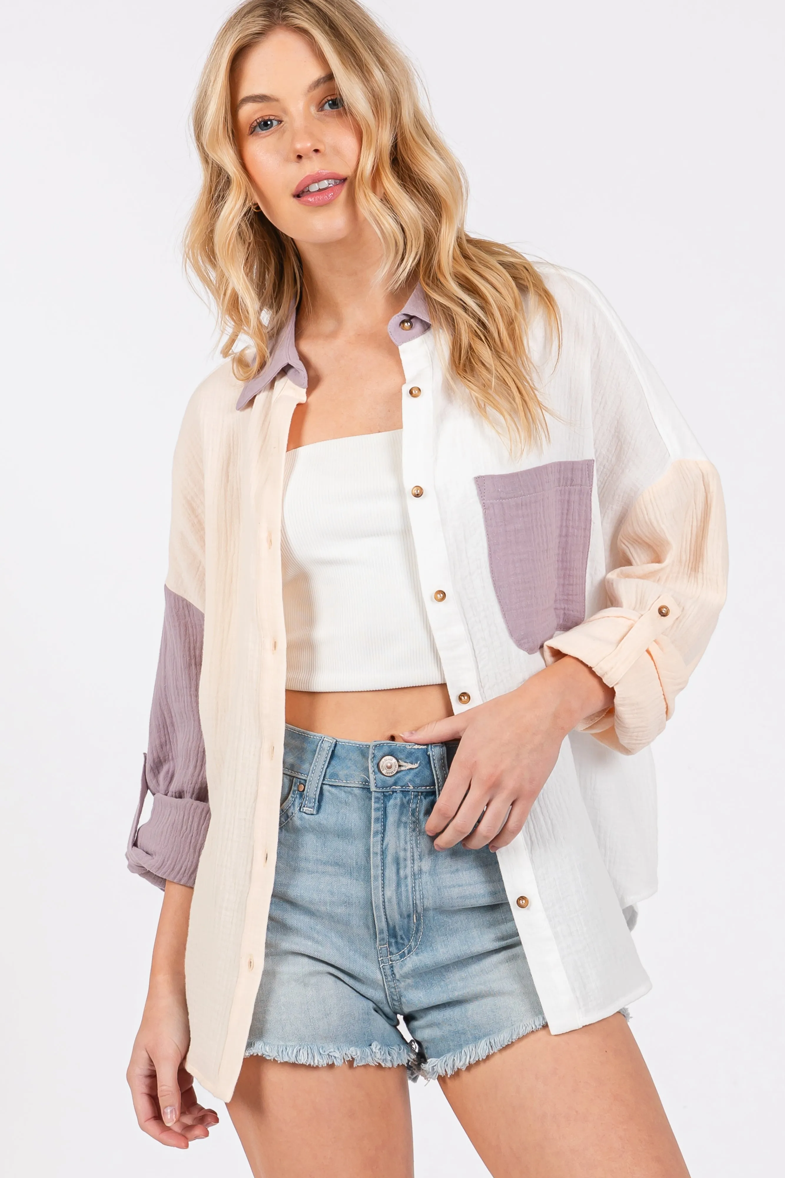 Lavender Lightweight Colorblock Button Up Top sold by Pinkblush product image thumbnail 5