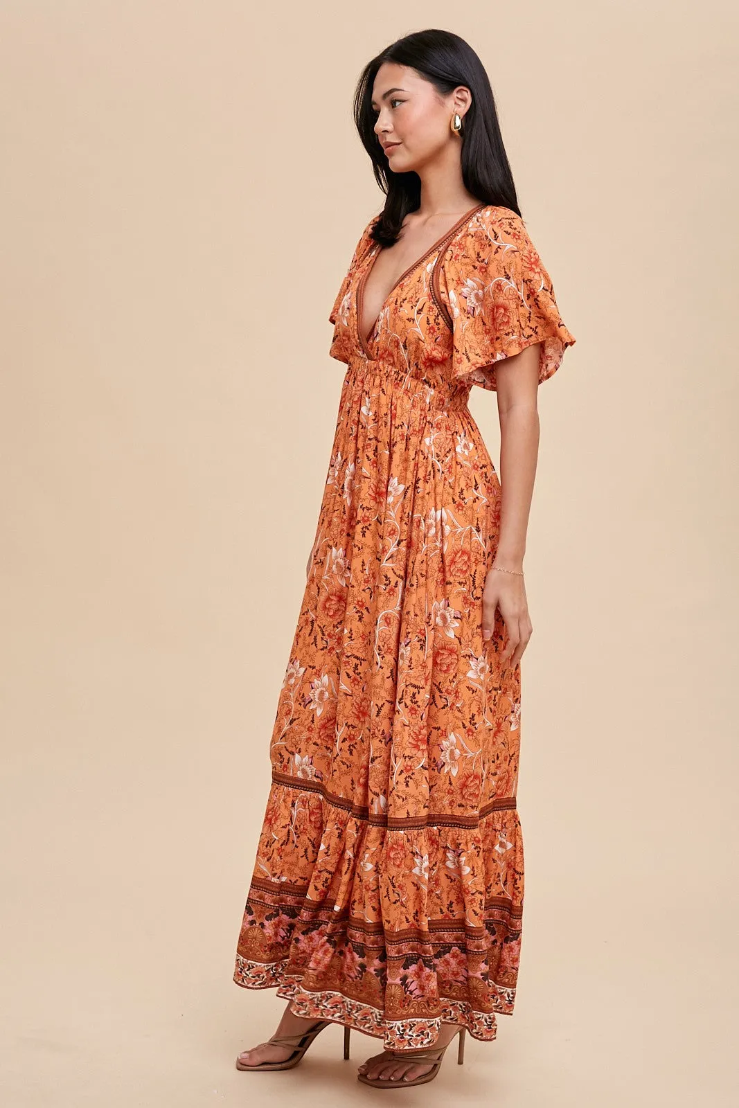 Orange Floral Flounce Sleeve Maxi Dress sold by Pinkblush product image thumbnail 2