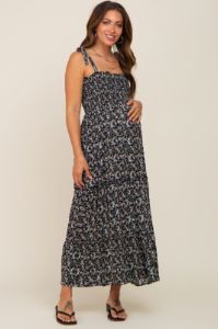 Black Floral Smocked Maternity Maxi Dress sold by Pinkblush