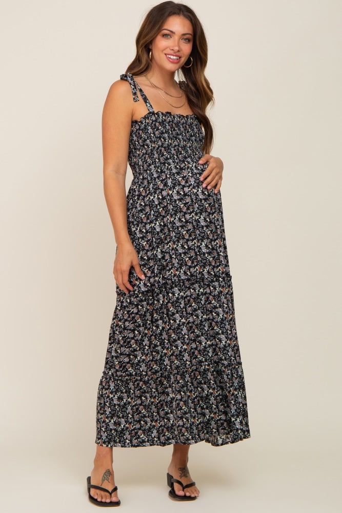 Black Floral Smocked Maternity Maxi Dress sold by Pinkblush product image thumbnail 2