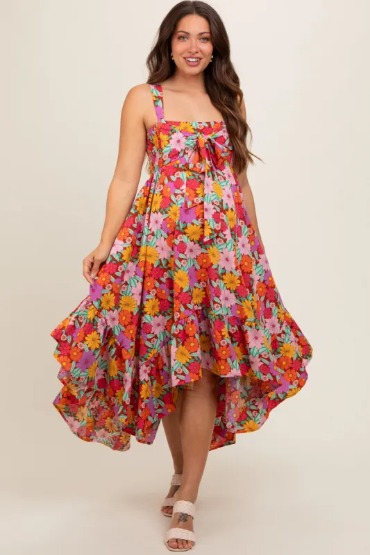 Orange Floral Smocked Sleeveless Maternity Midi Dress sold by Pinkblush