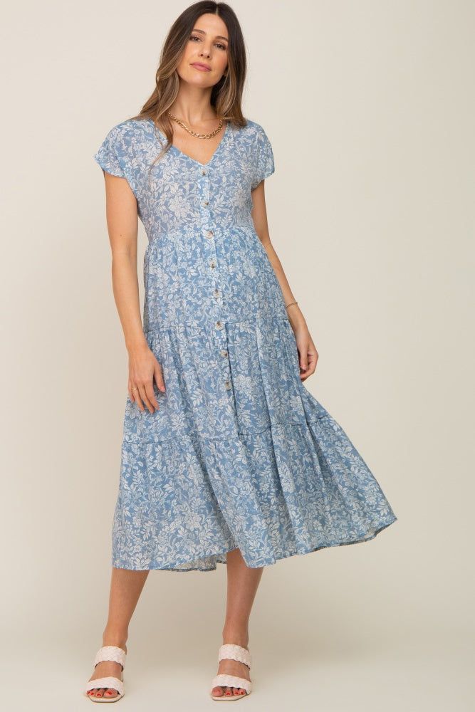 Blue Floral Tiered Button Down Maternity Midi Dress sold by Pinkblush product image thumbnail 4