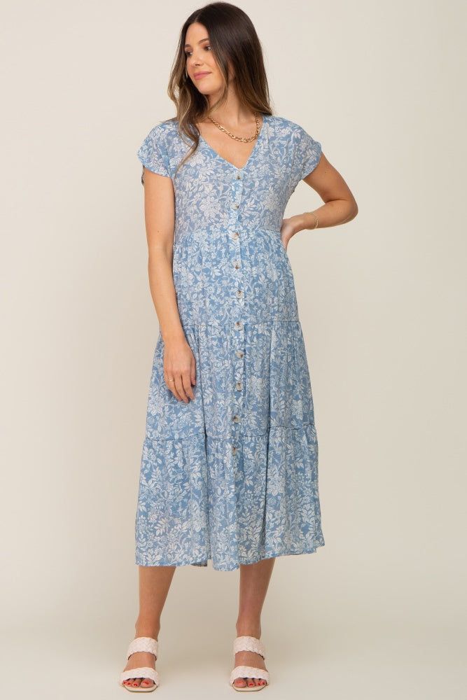 Blue Floral Tiered Button Down Maternity Midi Dress sold by Pinkblush