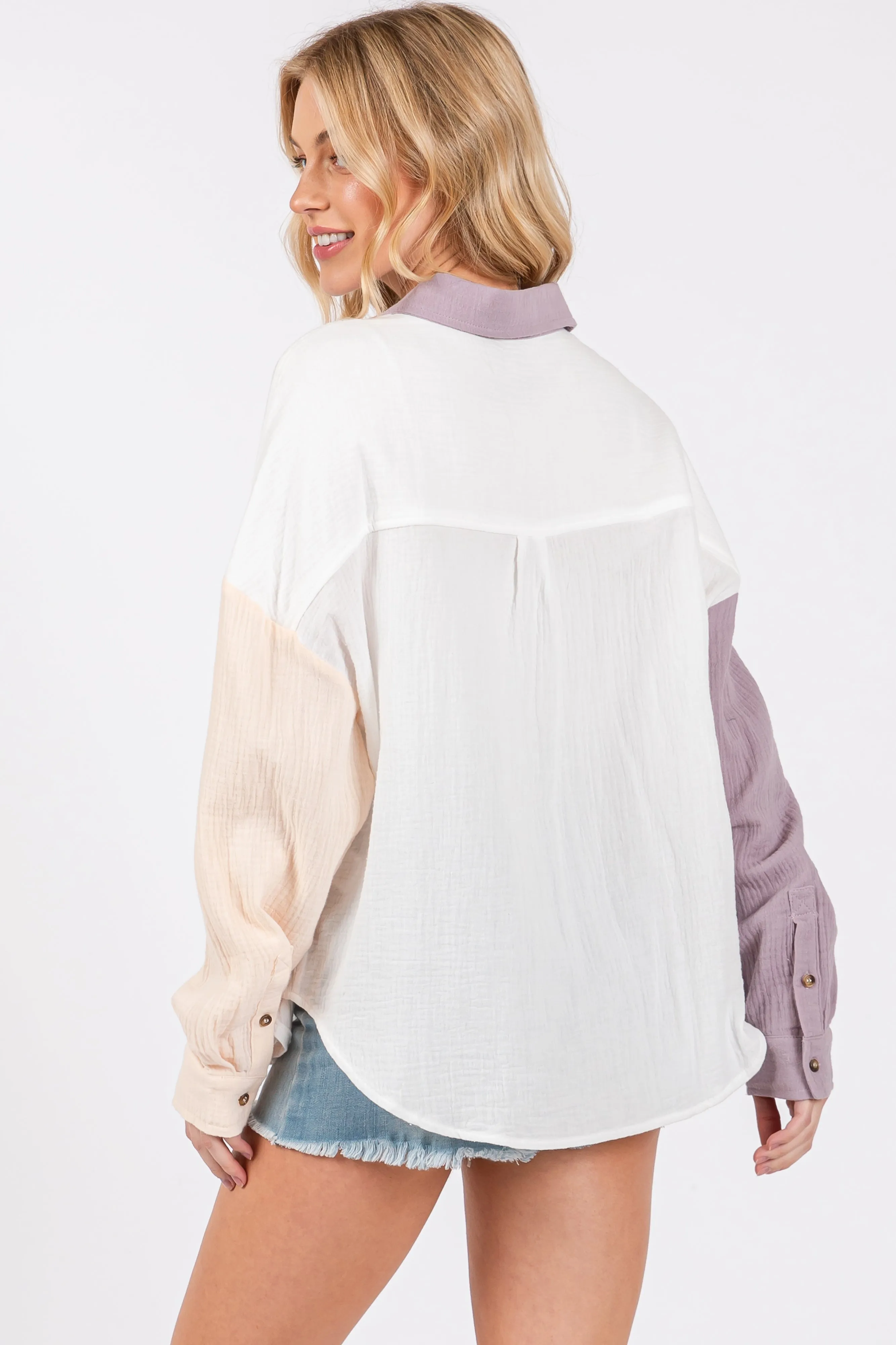 Lavender Lightweight Colorblock Button Up Top sold by Pinkblush product image thumbnail 3