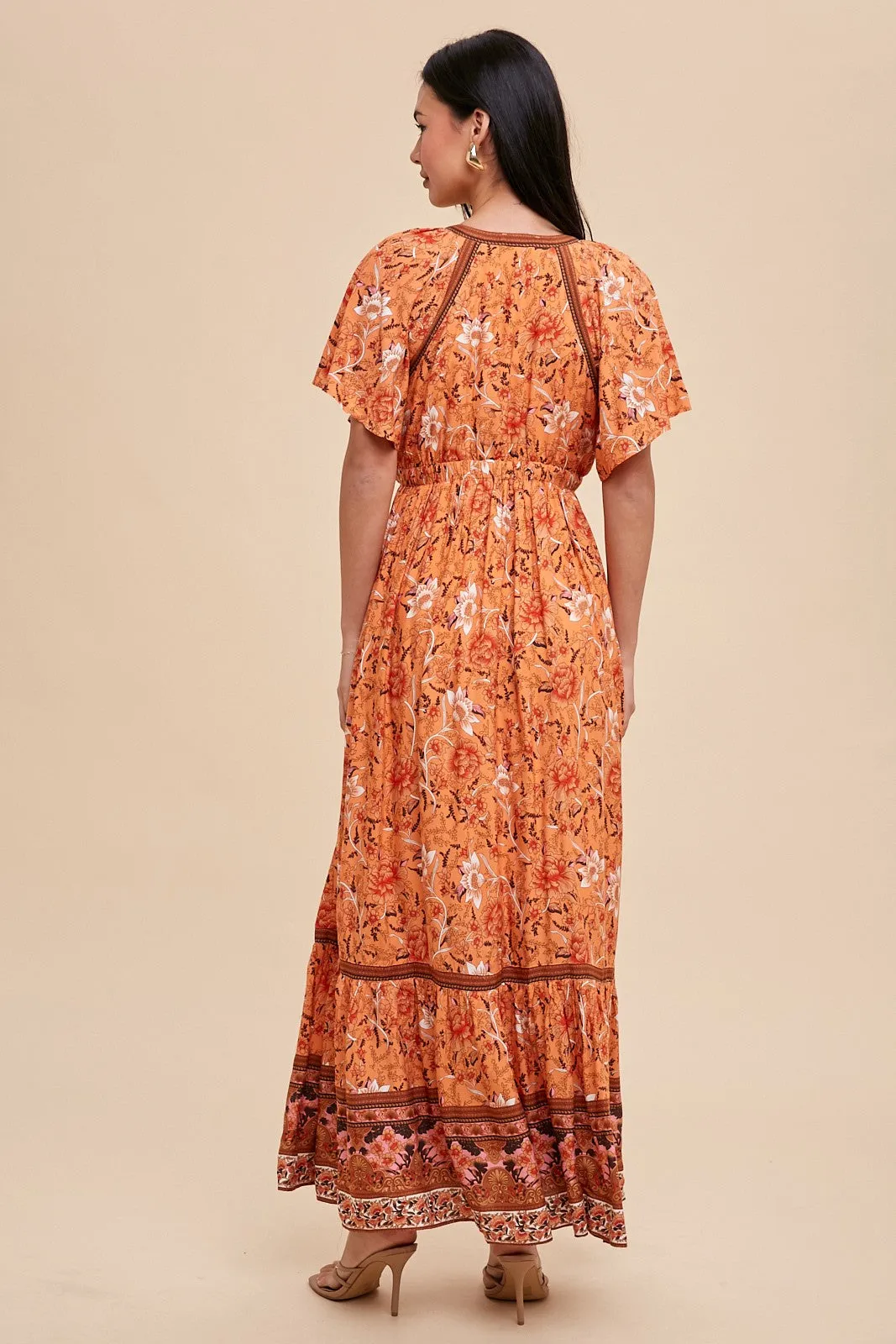 Orange Floral Flounce Sleeve Maxi Dress sold by Pinkblush product image thumbnail 3