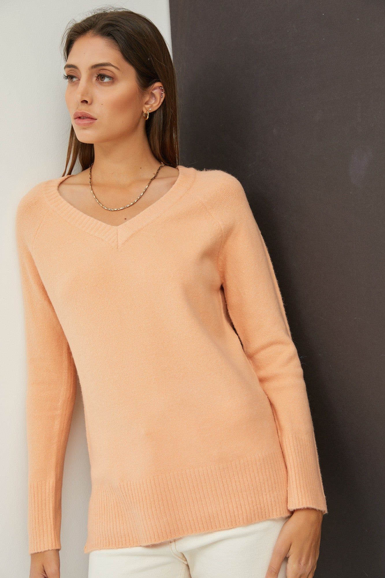 Peach V-Neck Basic Sweater sold by Pinkblush