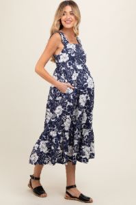 Navy Floral Tiered Sleeveless Maternity Midi Dress sold by Pinkblush