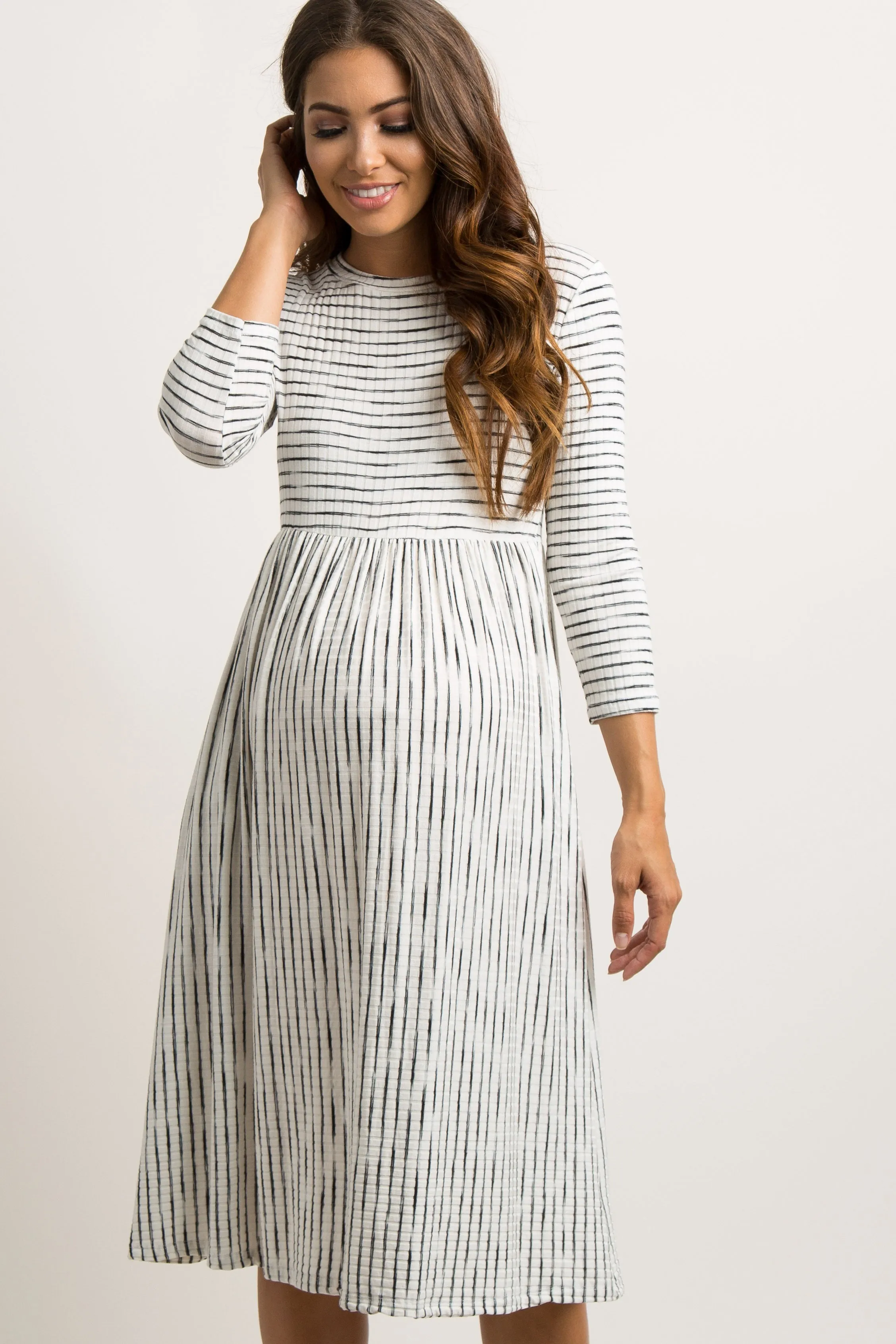 Ivory Ribbed Striped Maternity Midi Dress sold by Pinkblush product image thumbnail 2