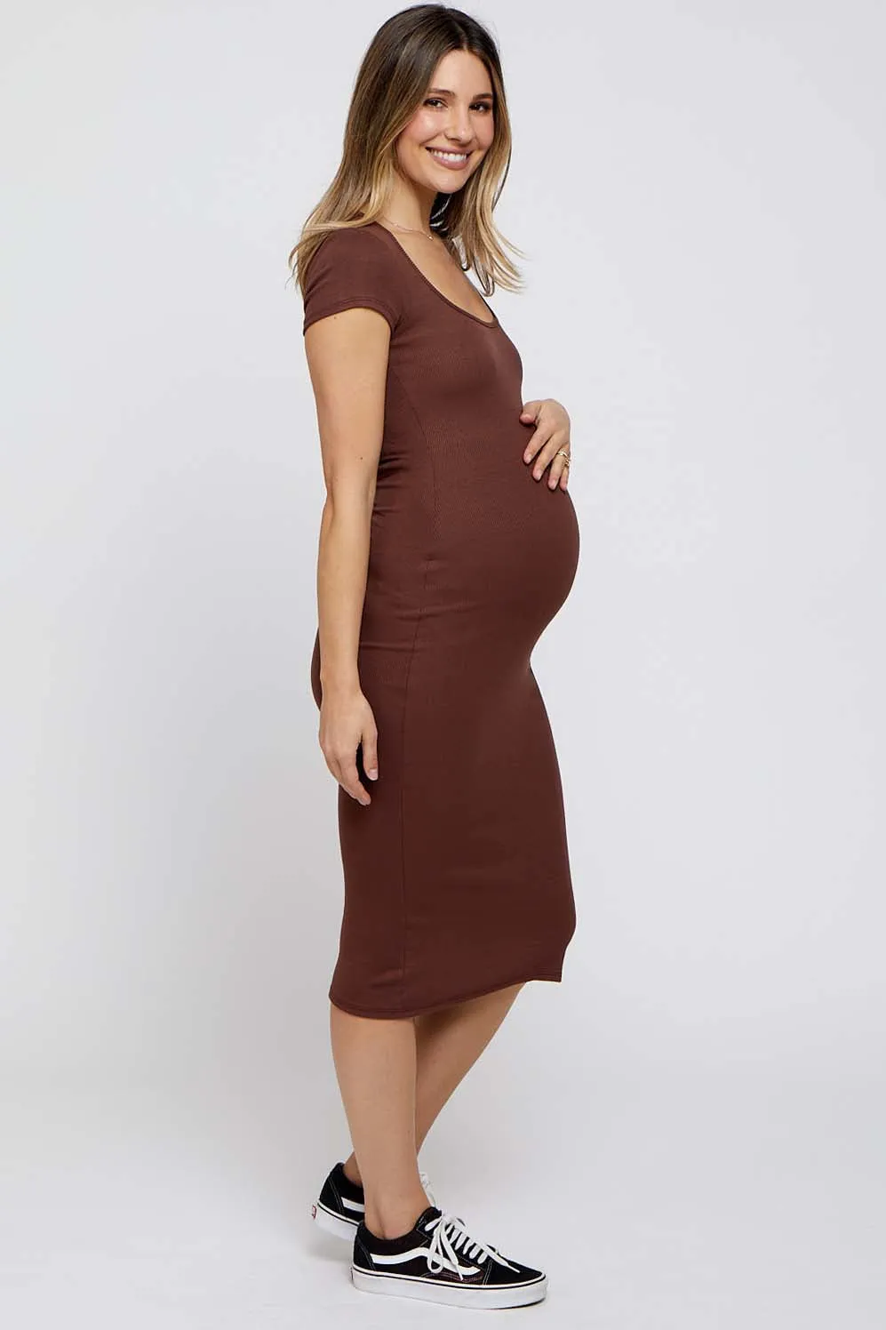 Brown Rib Knit Short Sleeve Maternity Midi Dress sold by Pinkblush product image thumbnail 2