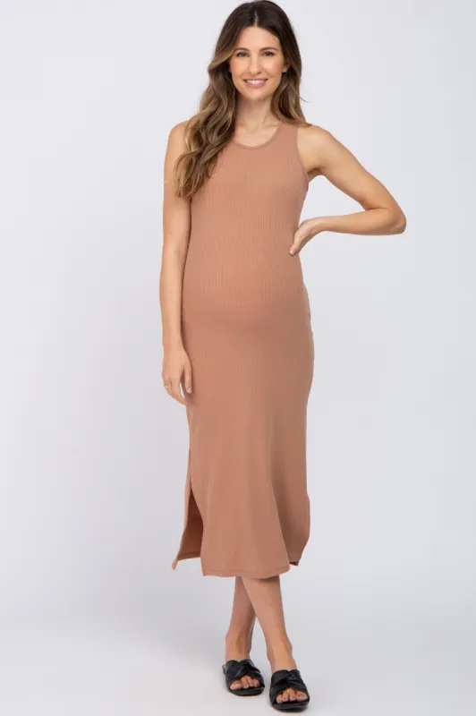 Mocha Ribbed Side Slit Maternity Midi Dress sold by Pinkblush