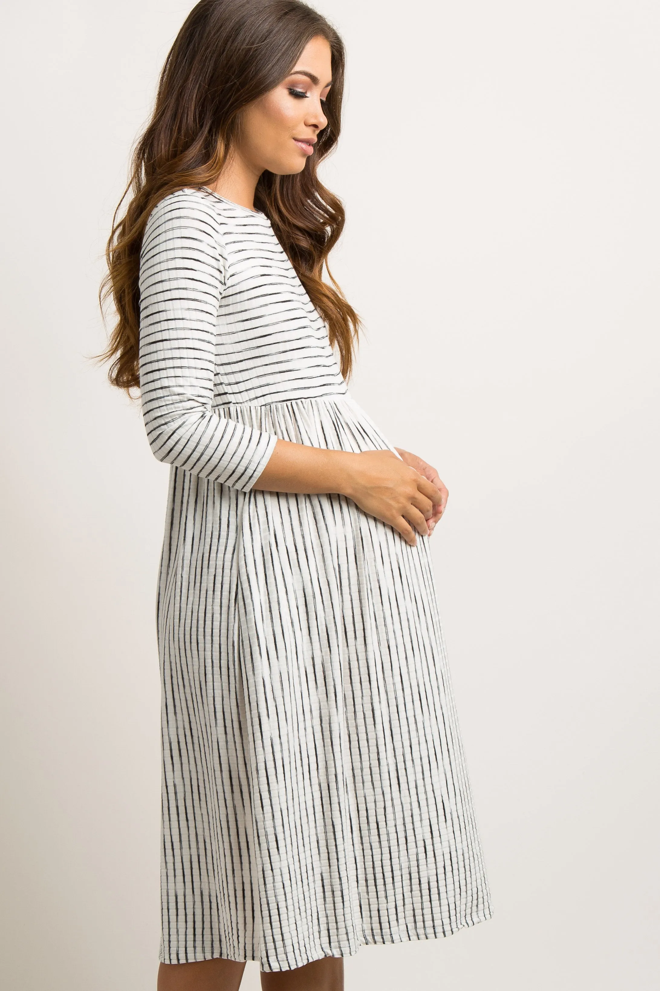 Ivory Ribbed Striped Maternity Midi Dress sold by Pinkblush product image thumbnail 3
