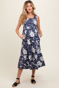 Navy Floral Tiered Sleeveless Maternity Midi Dress sold by Pinkblush