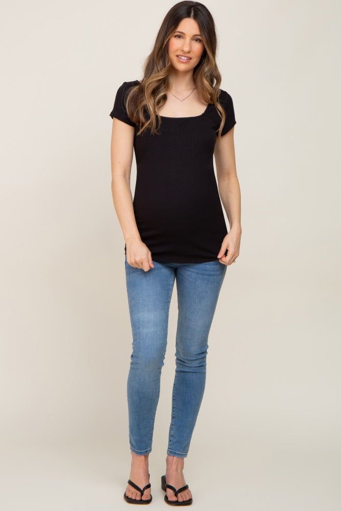 Black Ribbed Squared Neck Cap Sleeve Maternity Top sold by Pinkblush product image thumbnail 4