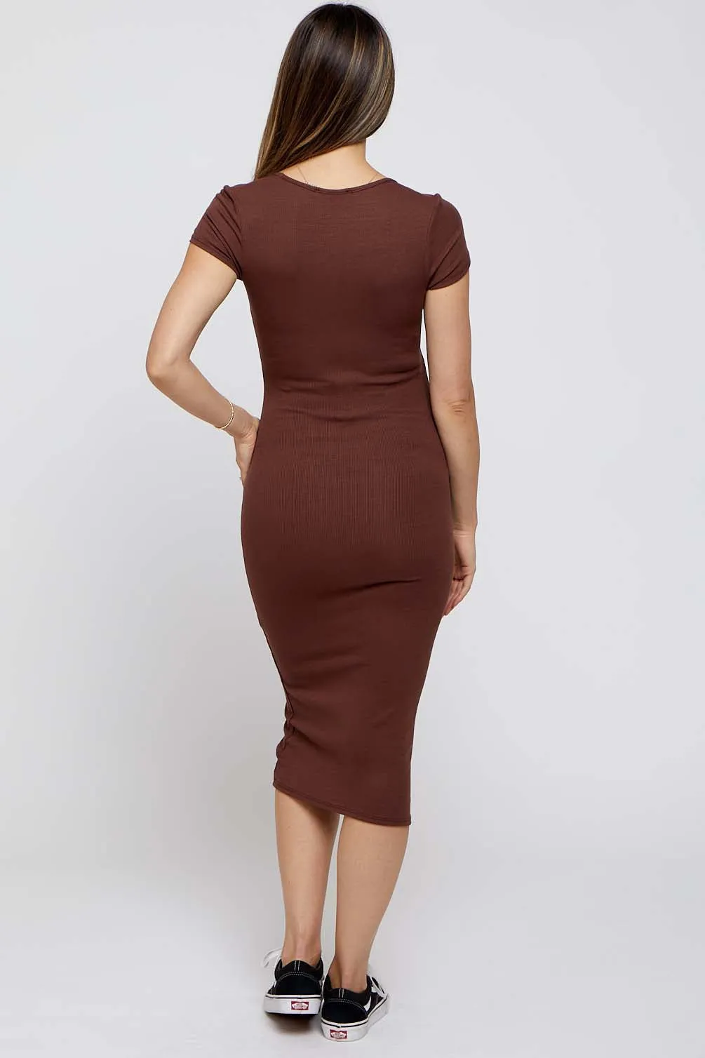 Brown Rib Knit Short Sleeve Maternity Midi Dress sold by Pinkblush product image thumbnail 3