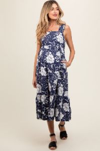 Navy Floral Tiered Sleeveless Maternity Midi Dress sold by Pinkblush