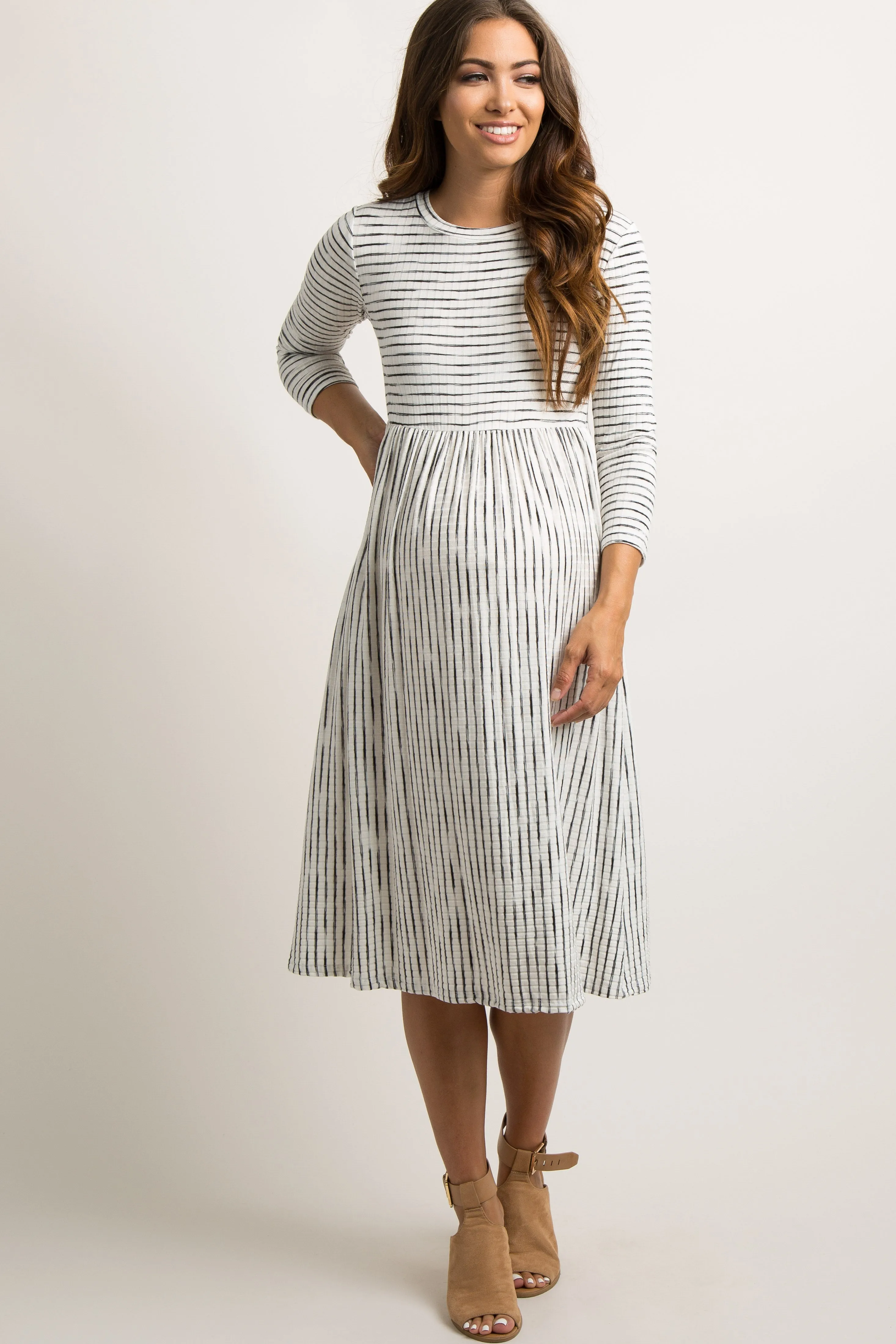 Ivory Ribbed Striped Maternity Midi Dress sold by Pinkblush