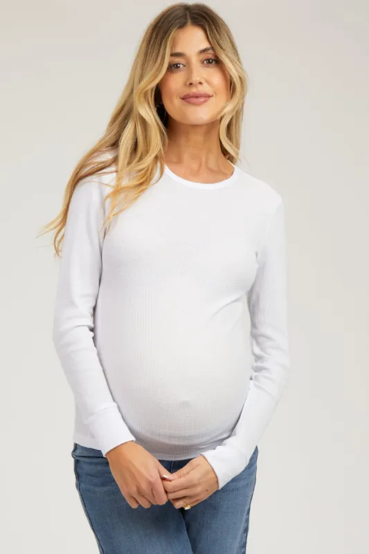 White Waffle Knit Basic Long Sleeve Maternity Top sold by Pinkblush