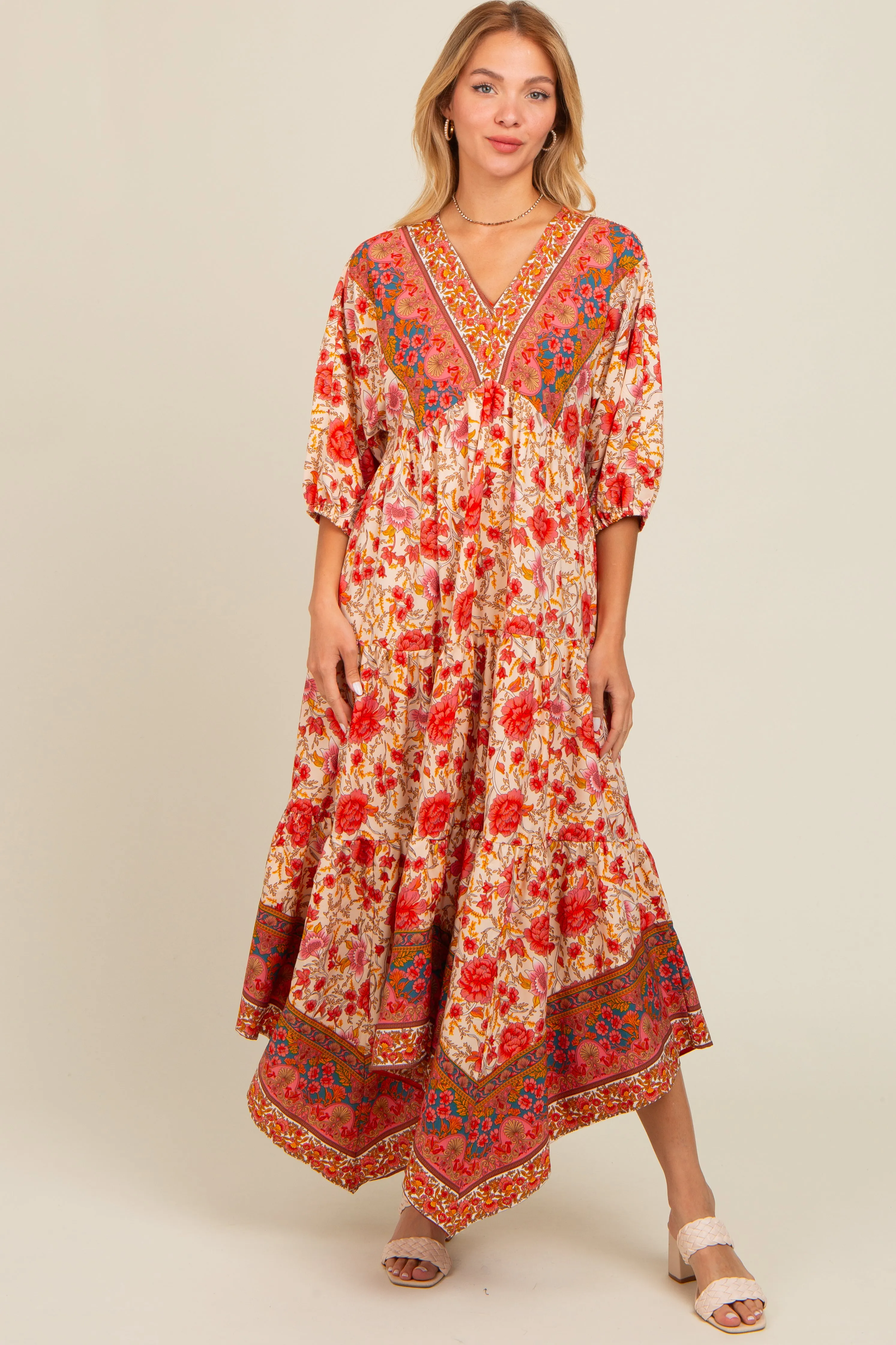 Cream Floral Border Print V-Neck Tiered Midi Dress sold by Pinkblush