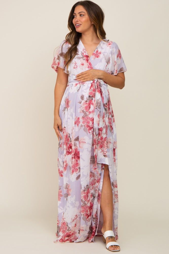 Red Floral Chiffon V-Neck Front Slit Maternity Dress sold by Pinkblush product image thumbnail 4