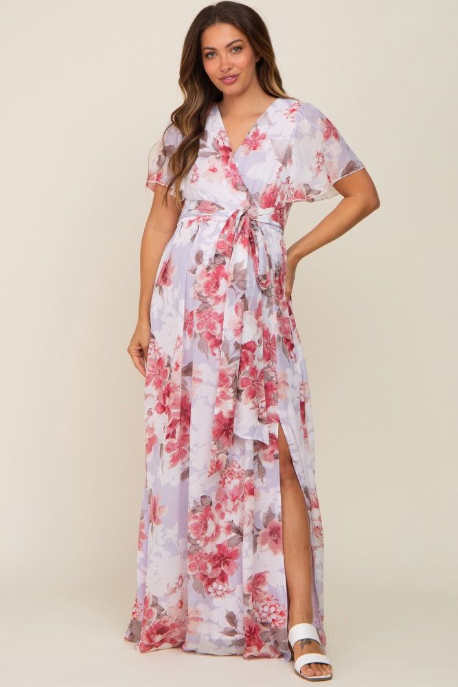 Red Floral Chiffon V-Neck Front Slit Maternity Dress sold by Pinkblush