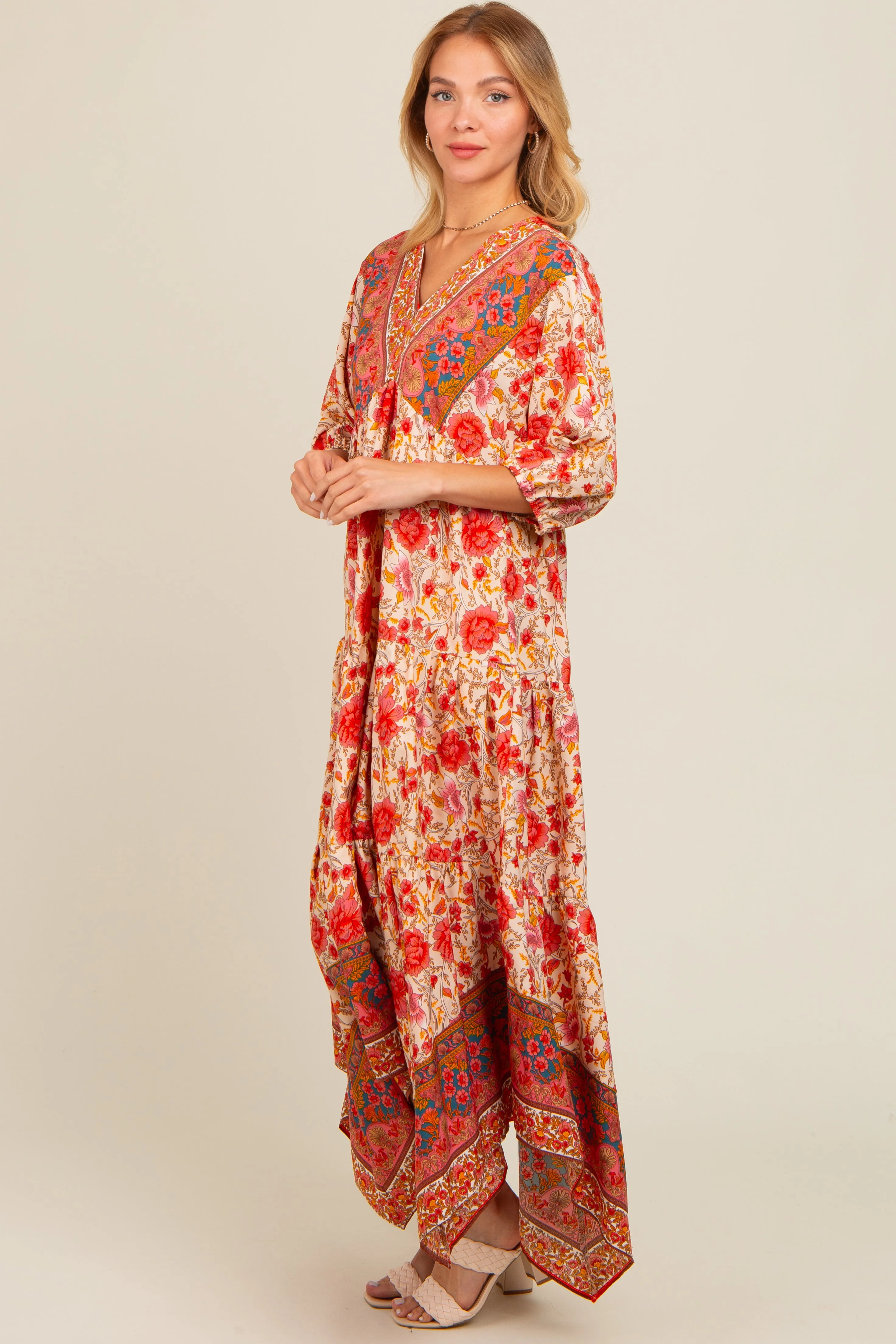 Cream Floral Border Print V-Neck Tiered Midi Dress sold by Pinkblush product image thumbnail 2