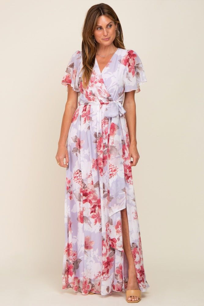 Red Floral Chiffon V-Neck Front Slit Maternity Dress sold by Pinkblush product image thumbnail 5