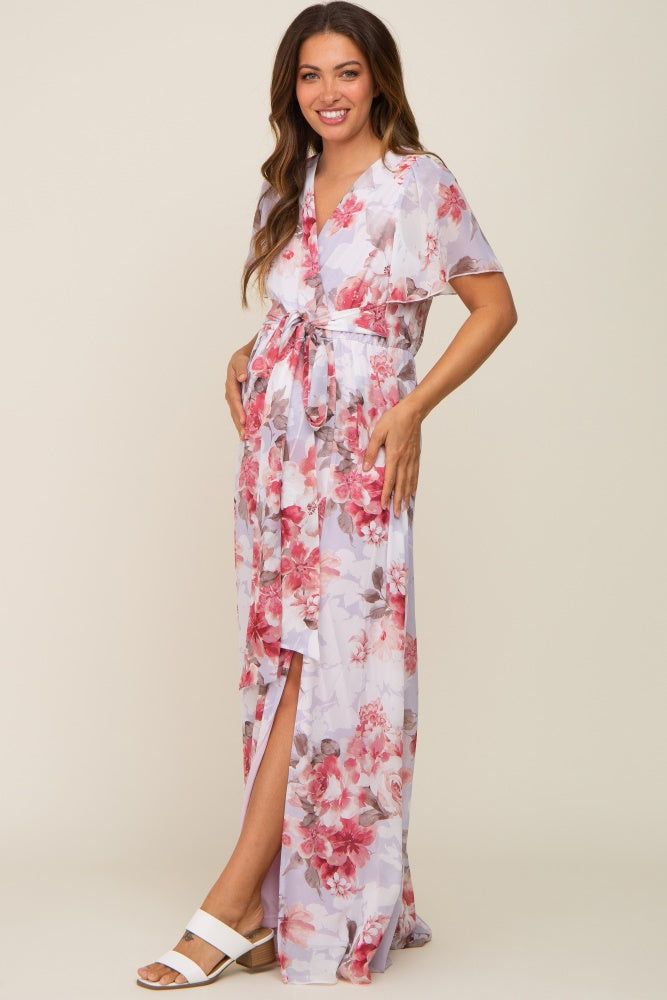 Red Floral Chiffon V-Neck Front Slit Maternity Dress sold by Pinkblush product image thumbnail 2