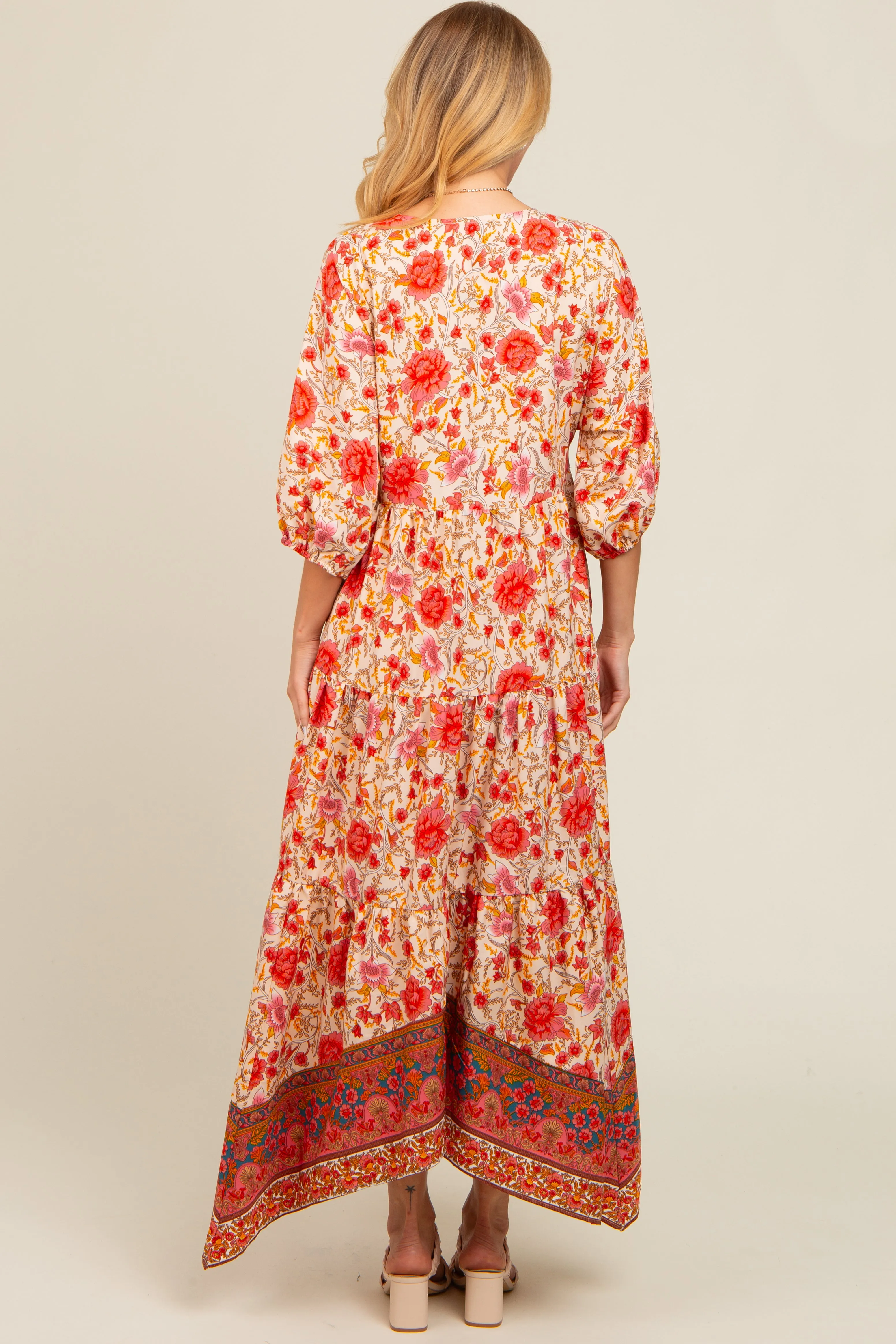 Cream Floral Border Print V-Neck Tiered Midi Dress sold by Pinkblush product image thumbnail 3