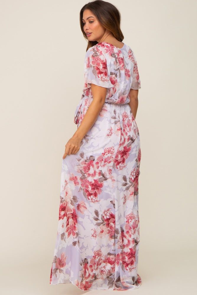 Red Floral Chiffon V-Neck Front Slit Maternity Dress sold by Pinkblush product image thumbnail 3