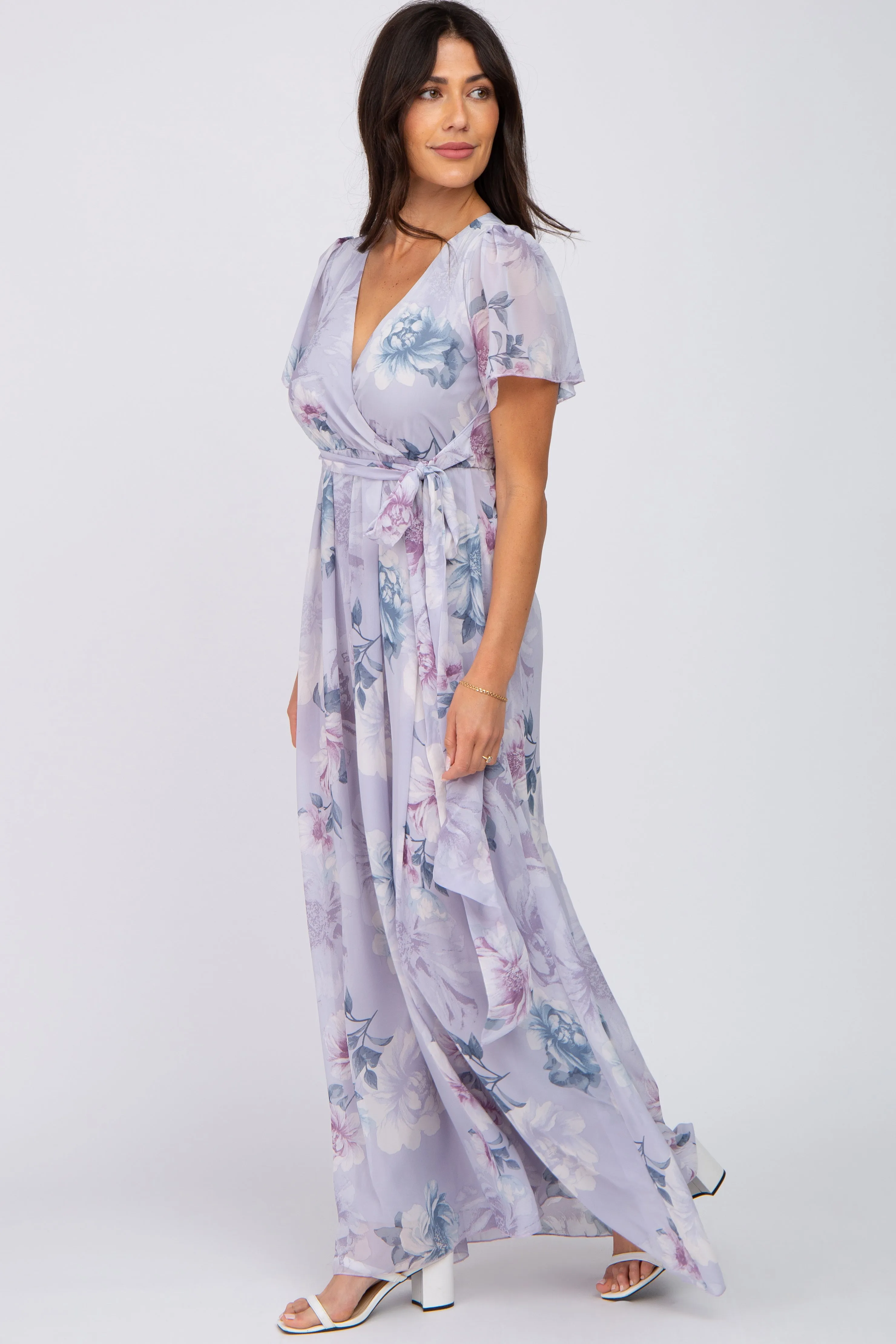 Lavender Floral Chiffon Wrap Front Short Sleeve Maxi Dress sold by Pinkblush product image thumbnail 2