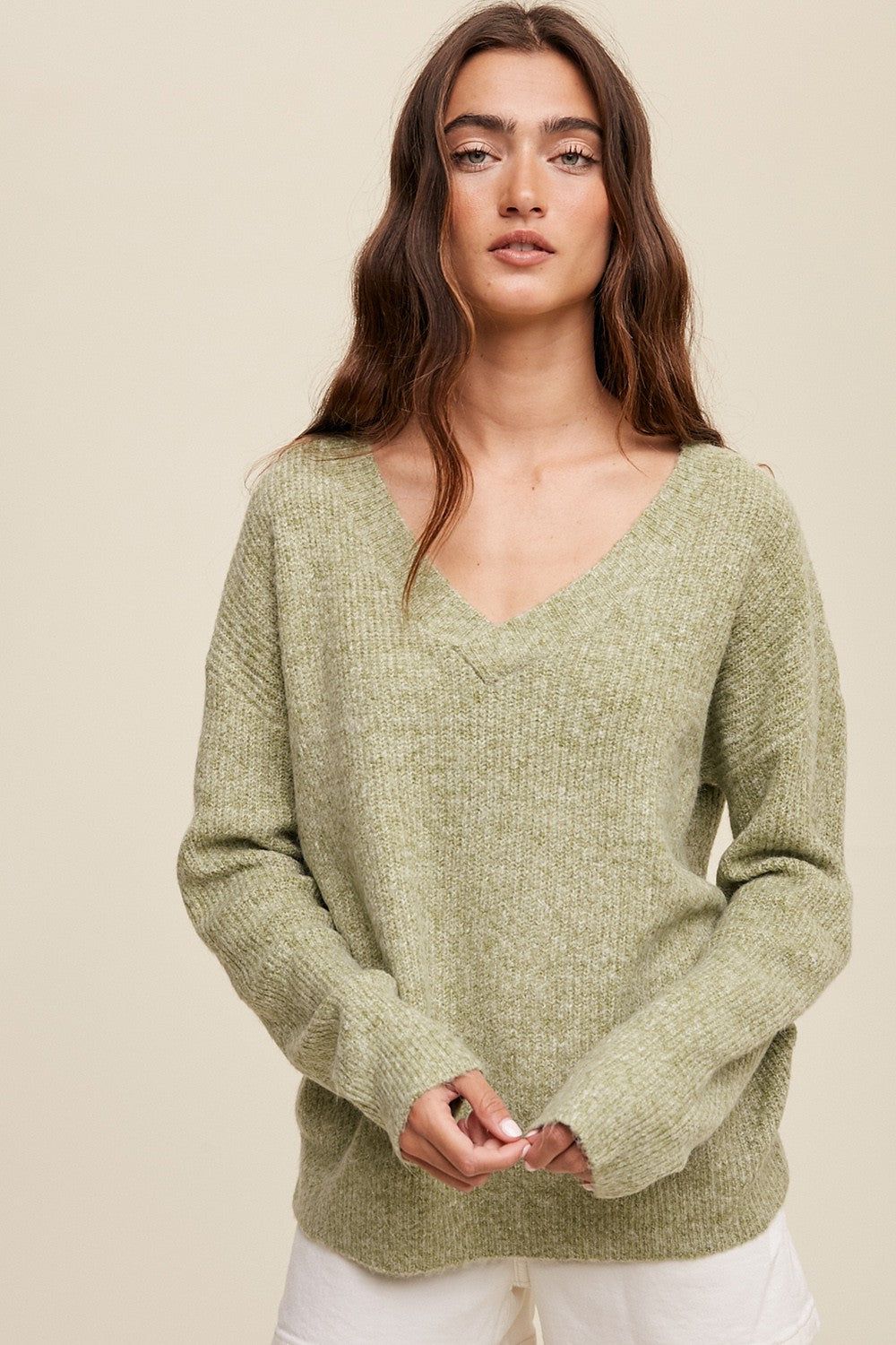 Olive V-Neck Relaxed Fit Sweater sold by Pinkblush product image thumbnail 2