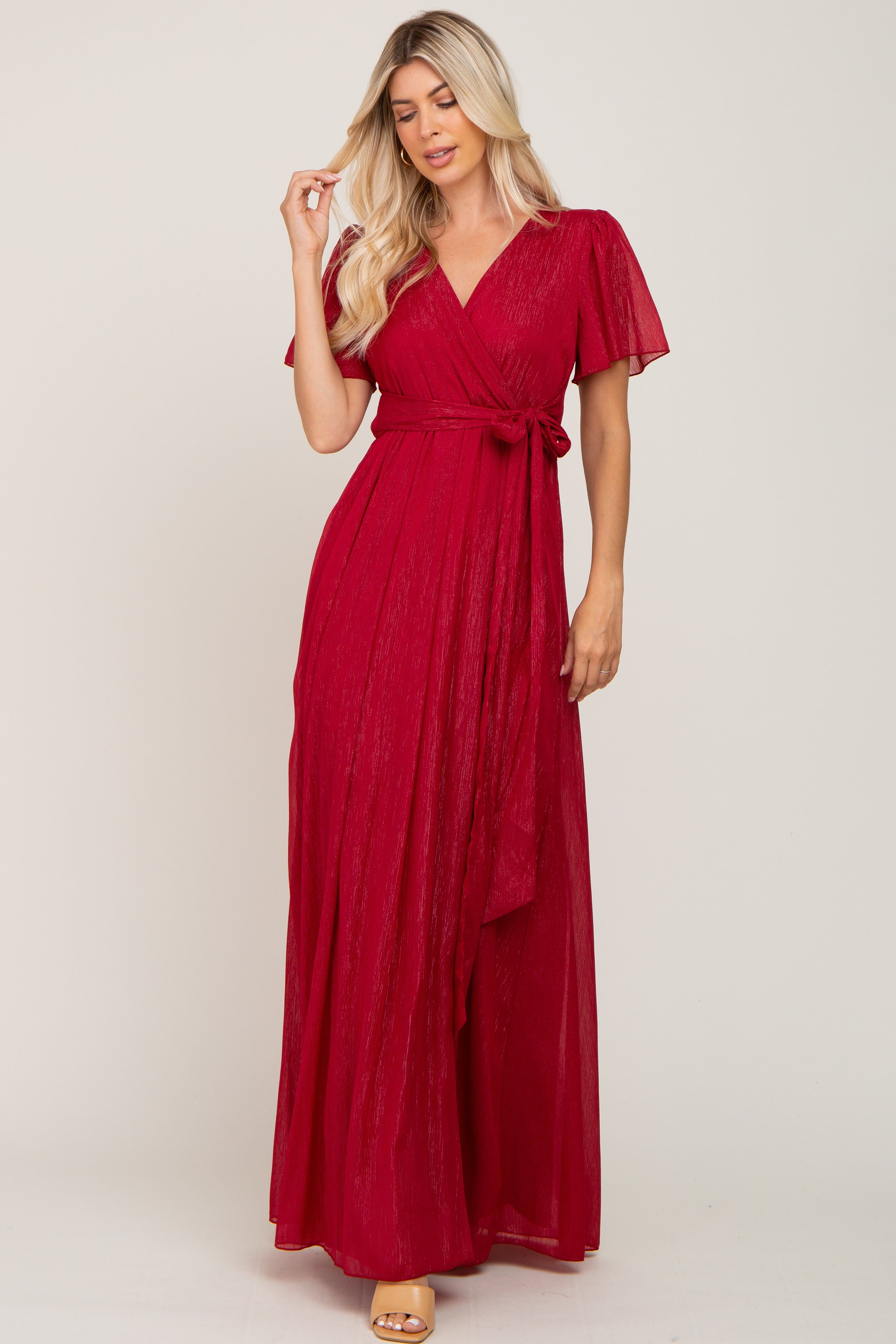 Red Metallic Shimmer Chiffon Maxi Dress sold by Pinkblush