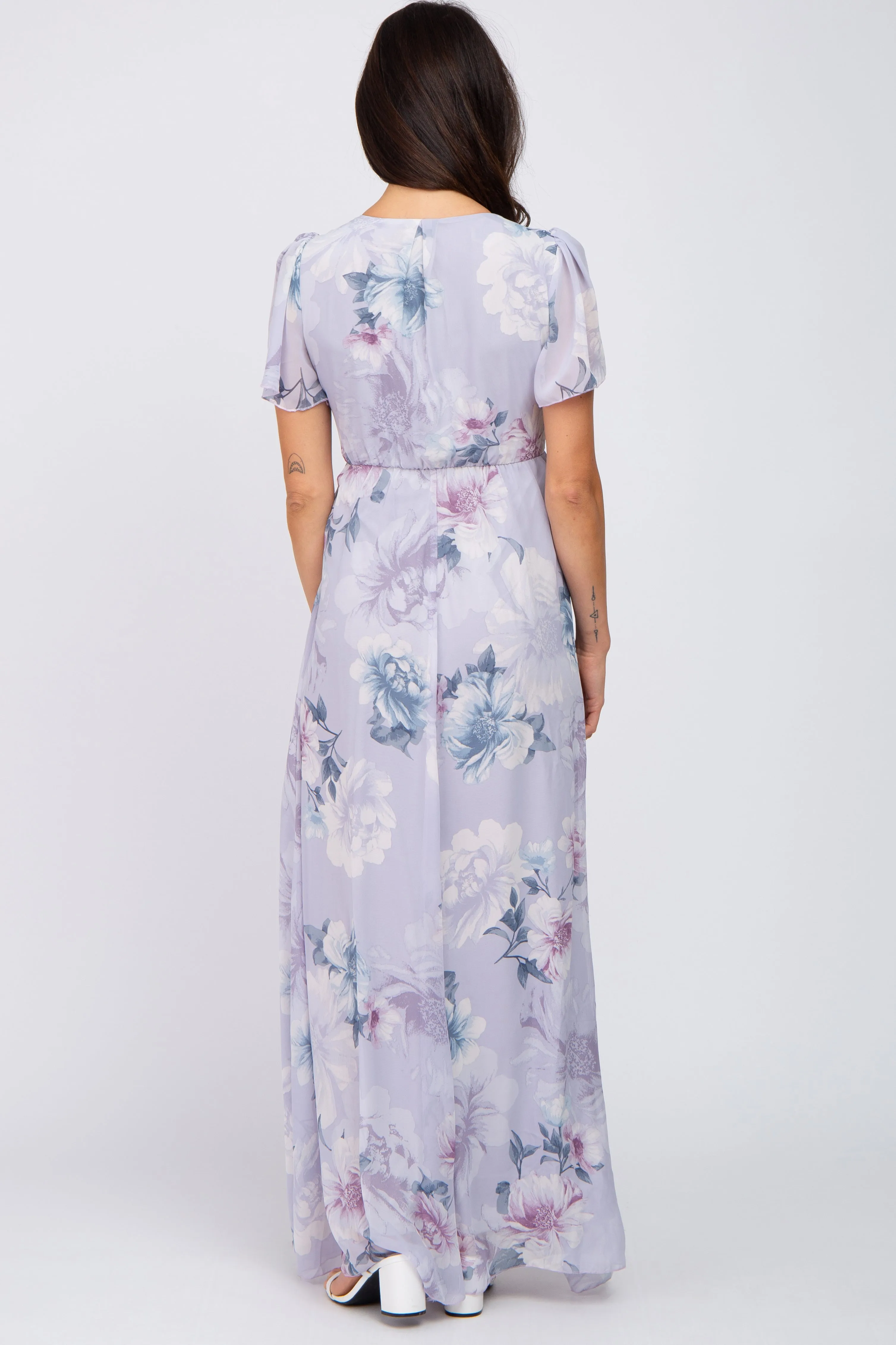 Lavender Floral Chiffon Wrap Front Short Sleeve Maxi Dress sold by Pinkblush product image thumbnail 3