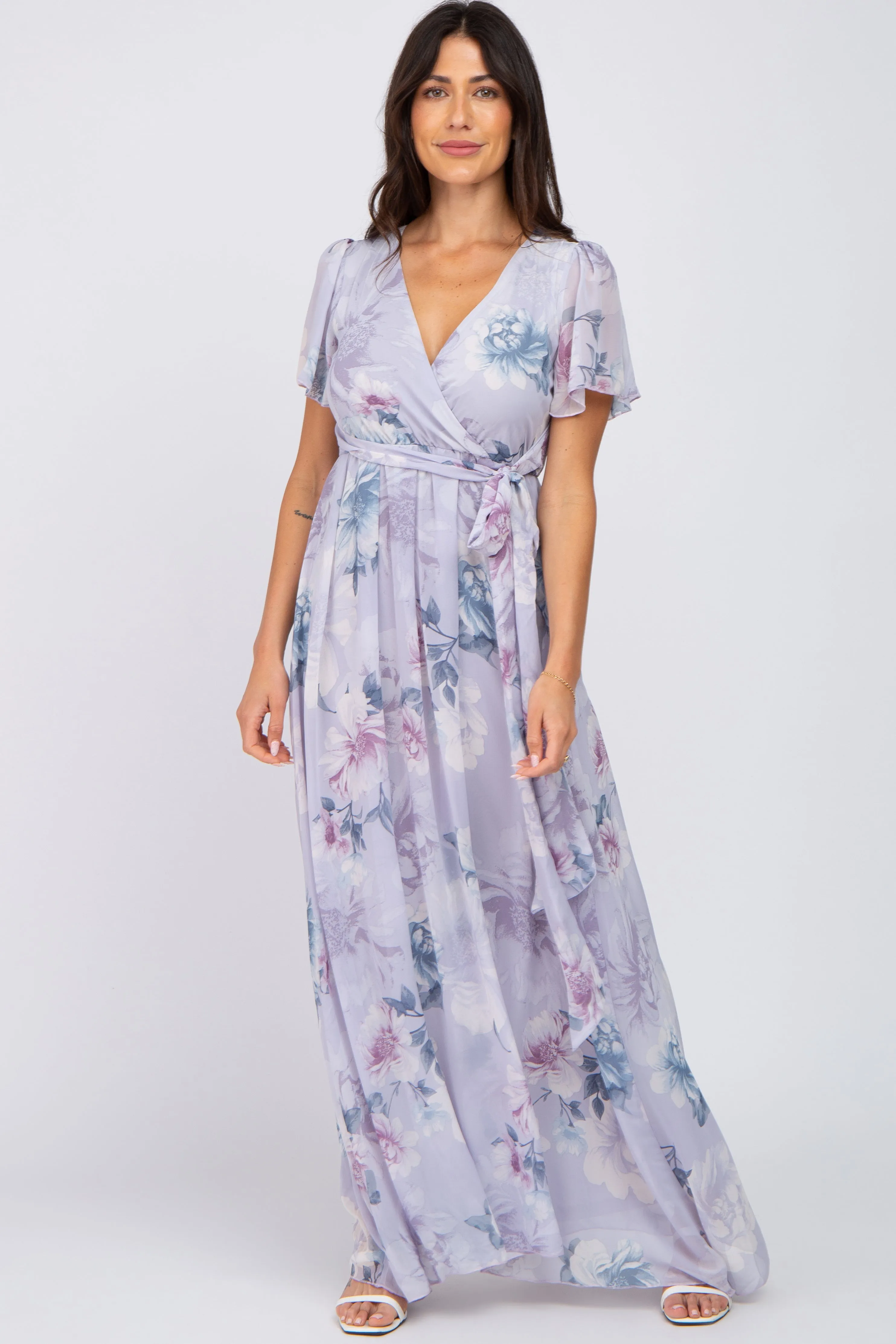 Lavender Floral Chiffon Wrap Front Short Sleeve Maxi Dress sold by Pinkblush
