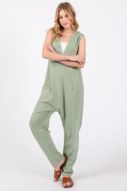 Light Olive Hooded Button Up Jumpsuit sold by Pinkblush