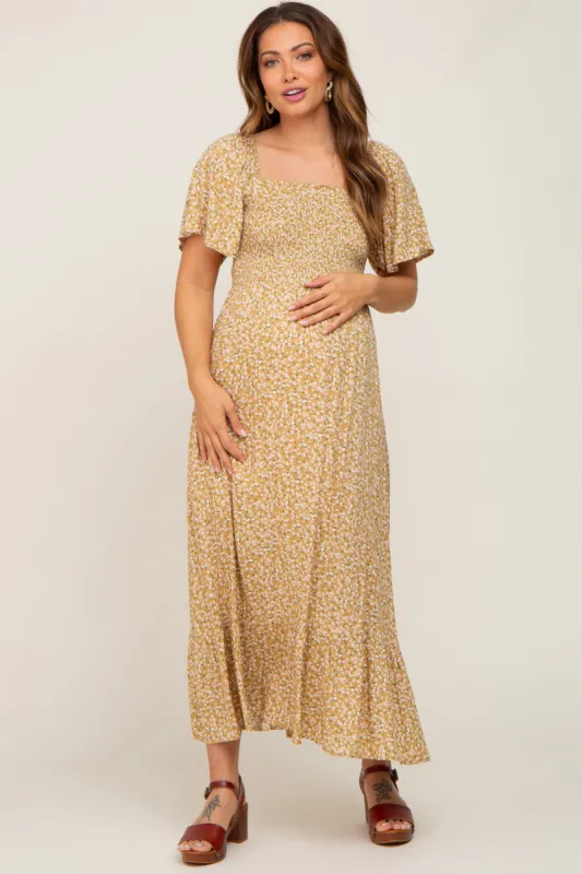 Yellow Floral Smocked Flounce Sleeve Maternity Maxi Dress sold by Pinkblush