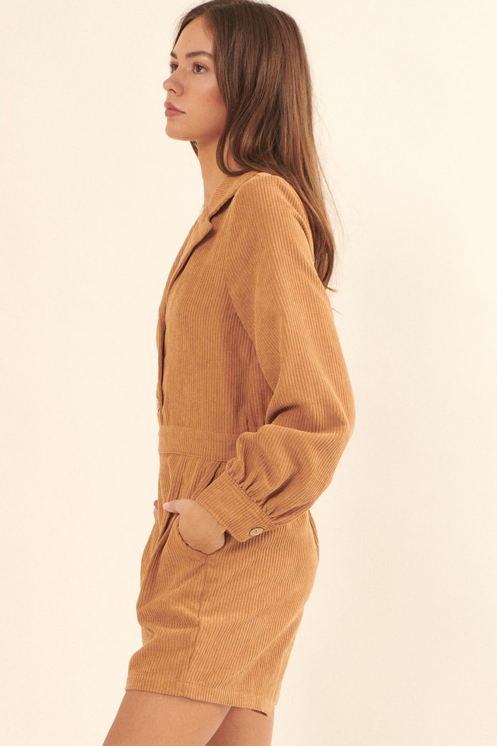 Taupe Lapel Half Button Front Wide Leg Corduroy Romper sold by Pinkblush product image thumbnail 3