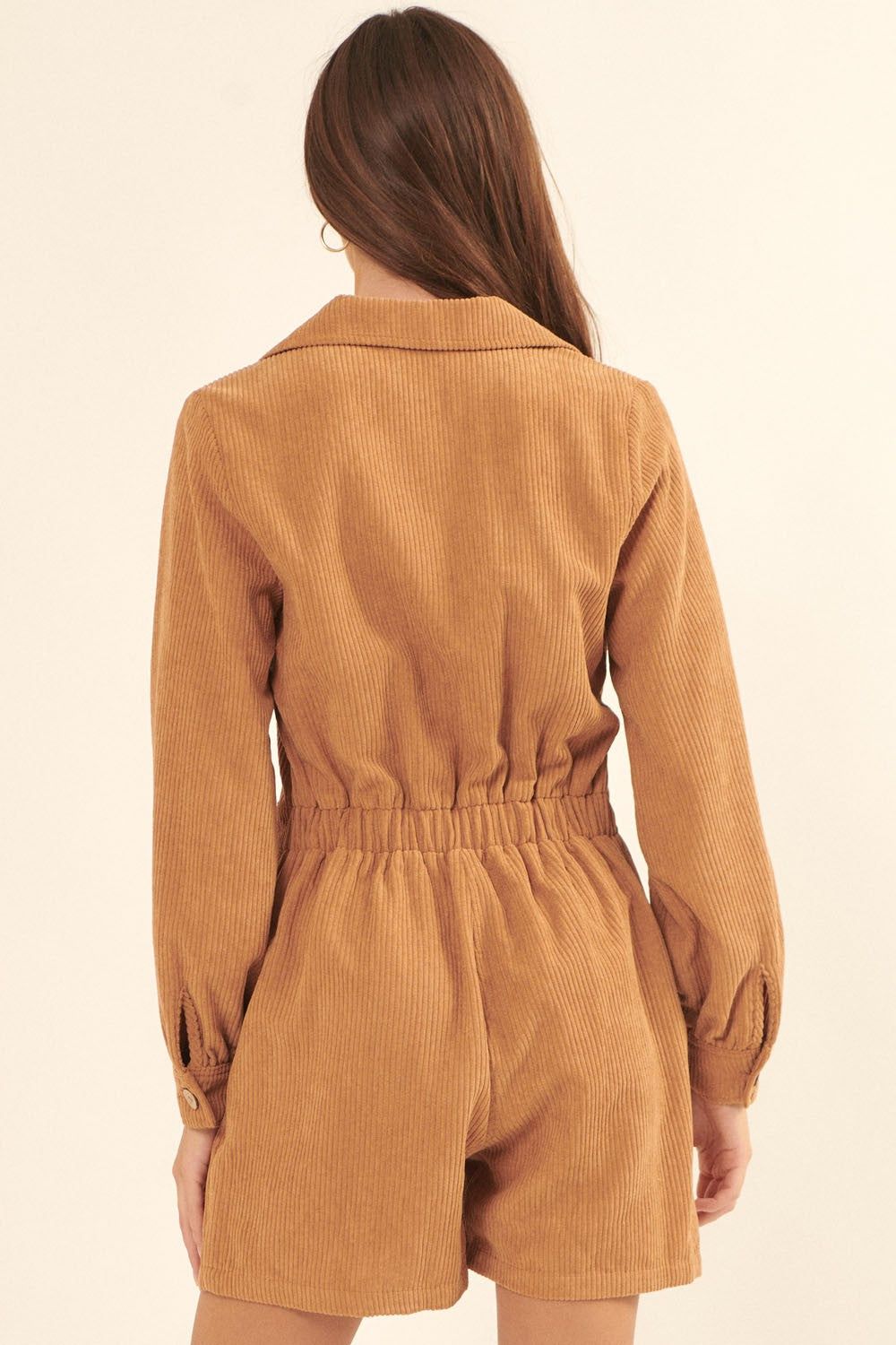 Taupe Lapel Half Button Front Wide Leg Corduroy Romper sold by Pinkblush product image thumbnail 4