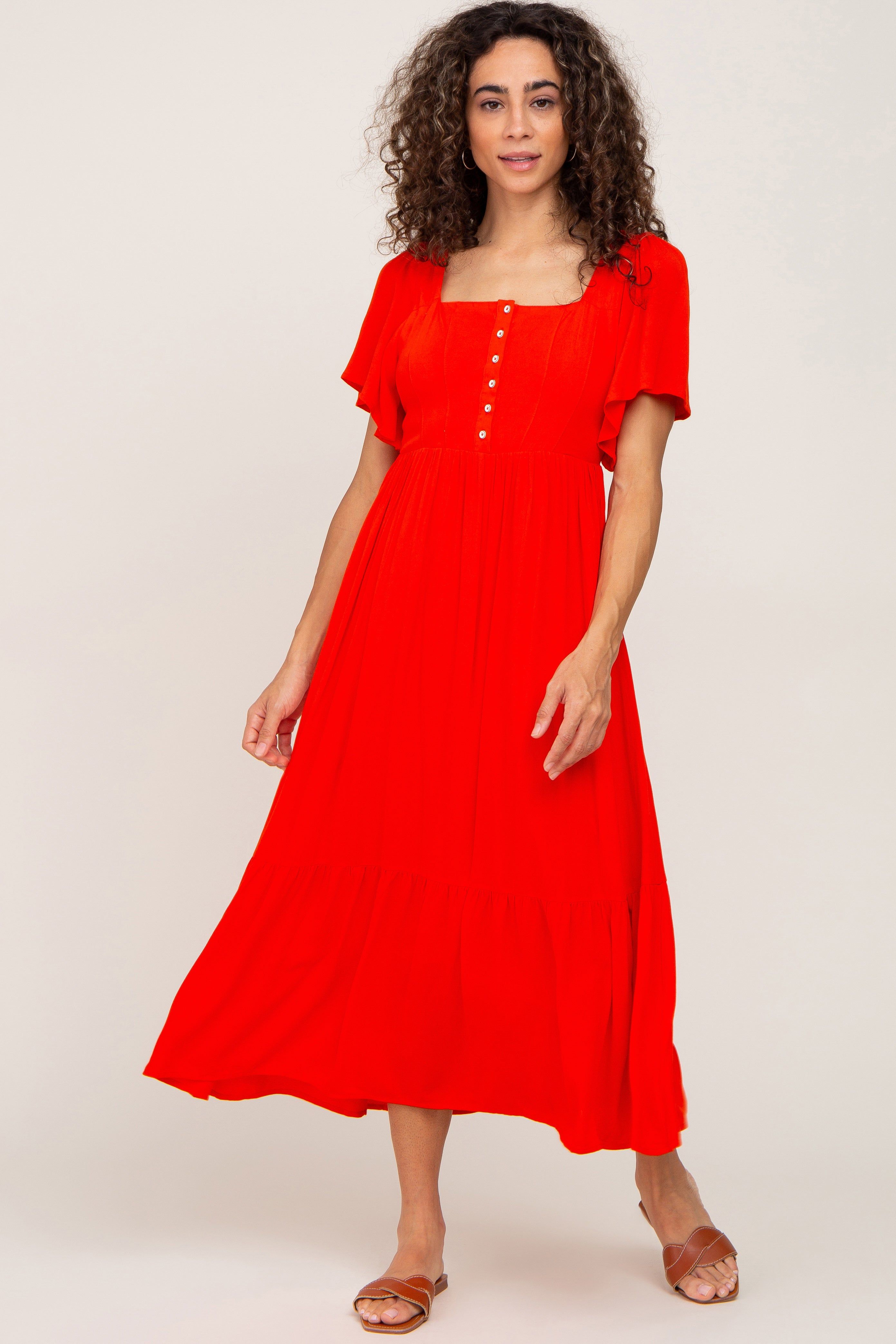 Red Button Front Midi Dress sold by Pinkblush