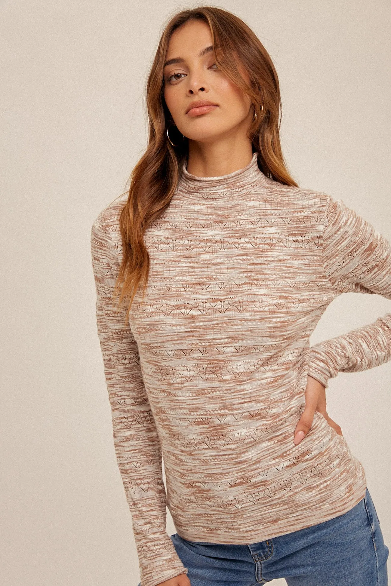 Taupe Mock Neck Long Sleeve Knit Top sold by Pinkblush