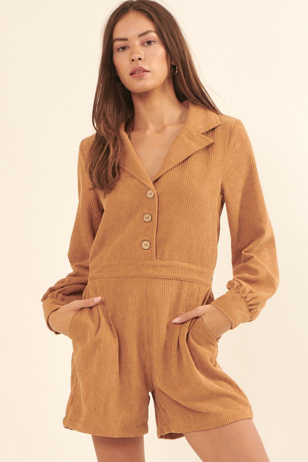 Taupe Lapel Half Button Front Wide Leg Corduroy Romper sold by Pinkblush product image thumbnail 2