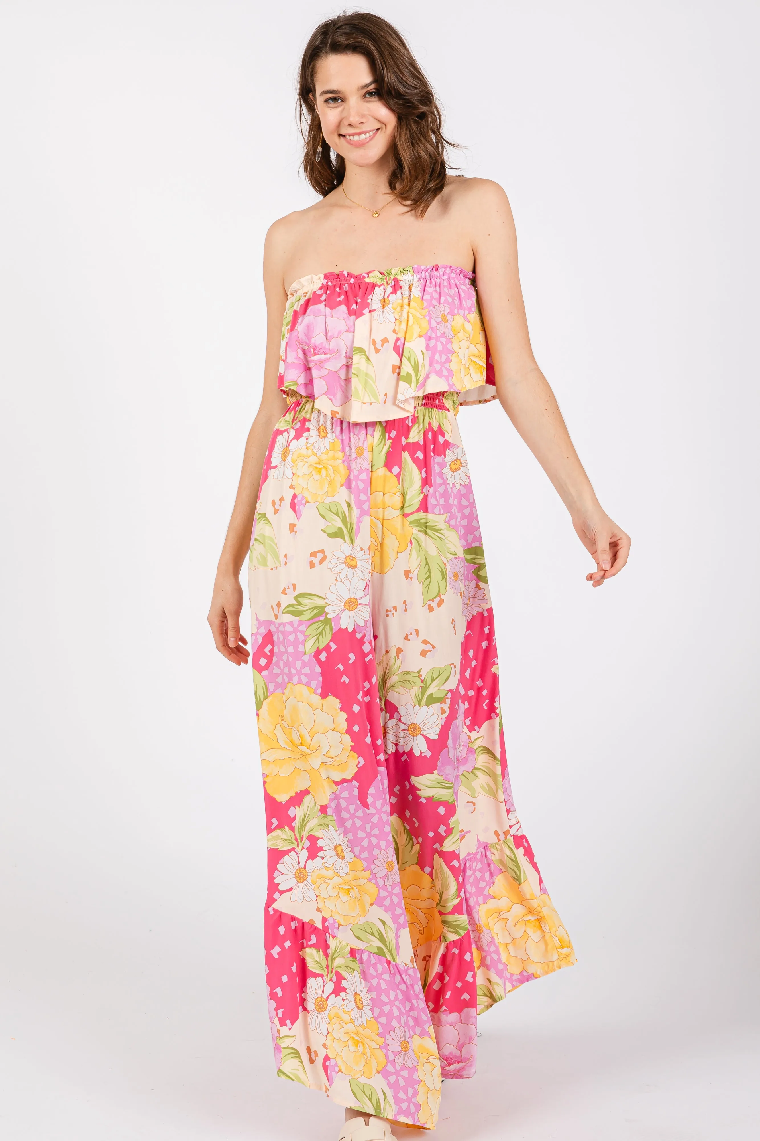 Multi-Color Floral Strapless Ruffle Wide Leg Jumpsuit sold by Pinkblush