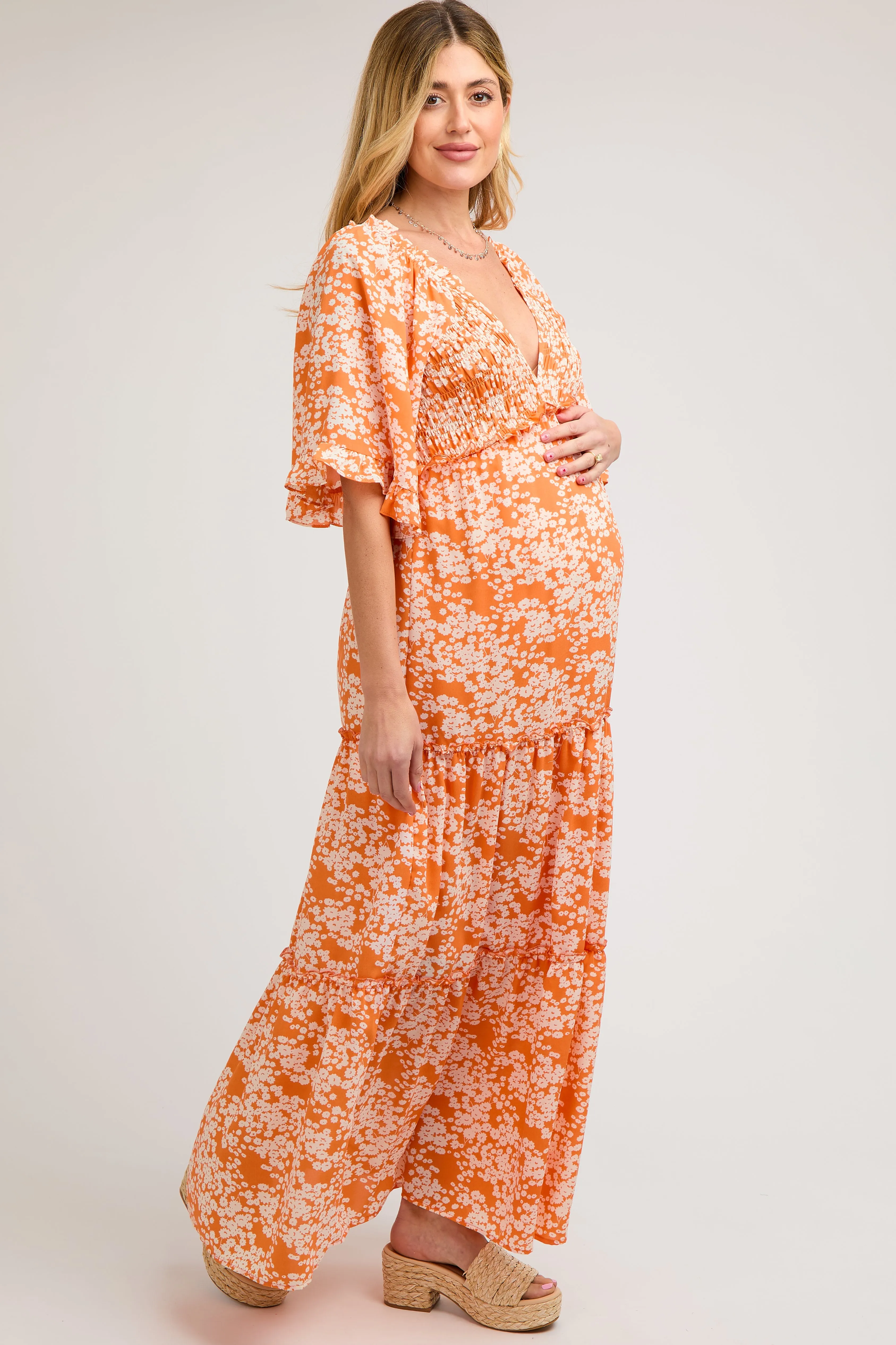 Orange Floral Smocked V-Neck Ruffle Tiered Maternity Maxi Dress sold by Pinkblush product image thumbnail 3