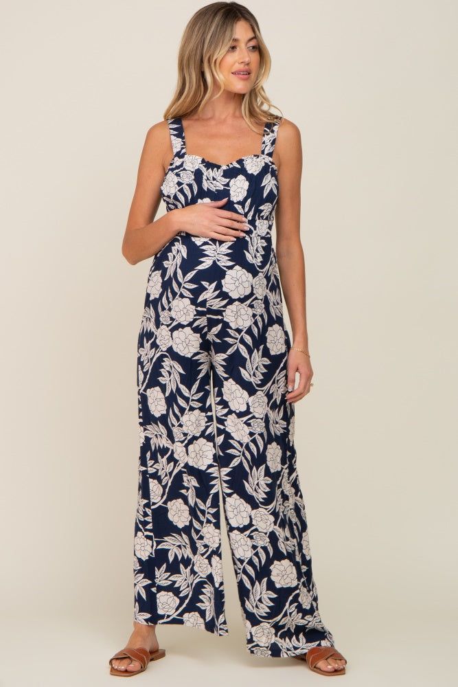 Navy Floral Sweetheart Neck Maternity Jumpsuit sold by Pinkblush product image thumbnail 4