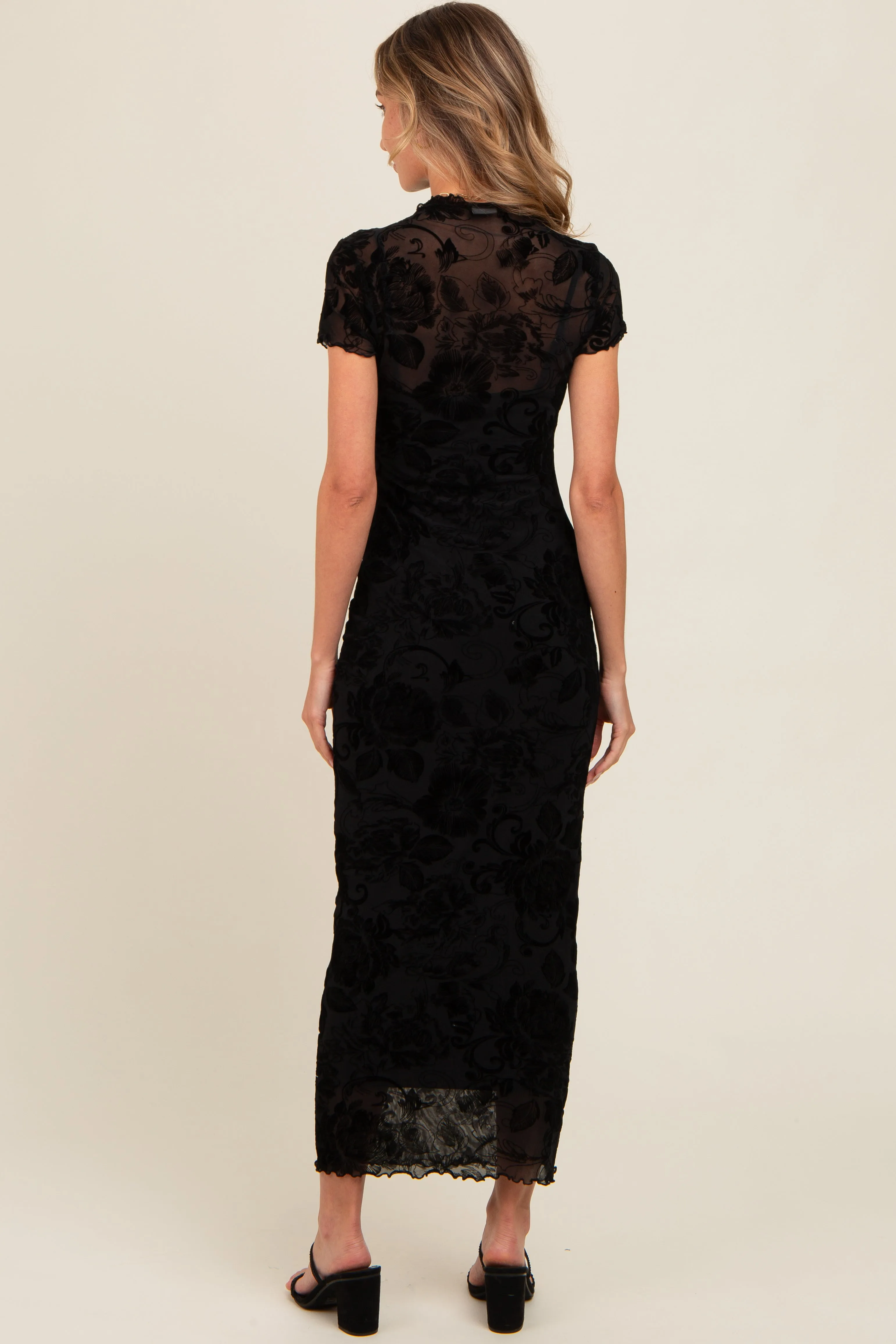 Black Floral Mesh Overlay Fitted Maxi Dress sold by Pinkblush product image thumbnail 3