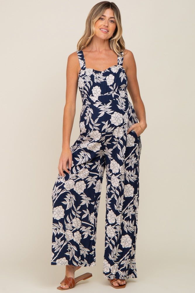 Navy Floral Sweetheart Neck Maternity Jumpsuit sold by Pinkblush